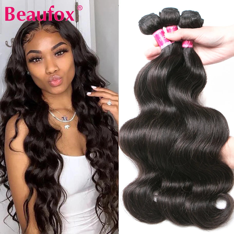 Beaufox Body Wave Bundles Brazilian Hair Weave Bundles 1/3/4 PCS Human Hair Bundles Natural /Jet Black 8-30"Remy Hair Extensions