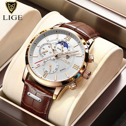 New Mens Watches LIGE Top Brand Luxury Leather Casual Quartz Watch Men's Sport Waterproof Clock Watch Relogio Masculino+Box