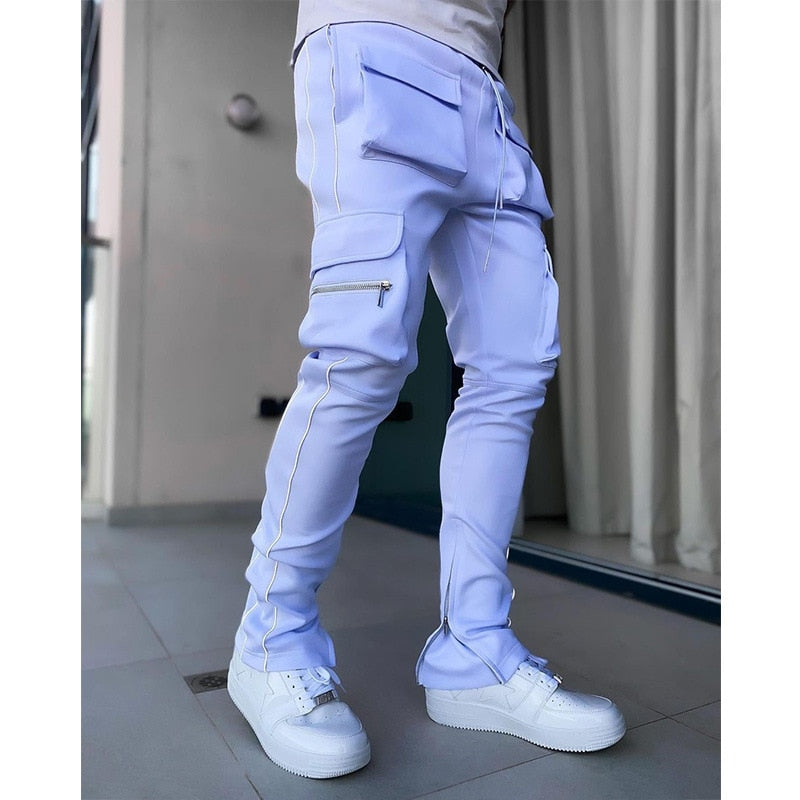 GODLIKEU Cargo Pants Spring Autumn Mens Stretch Multi-Pocket Reflective Straight Sports Fitness Casual Trousers Joggers