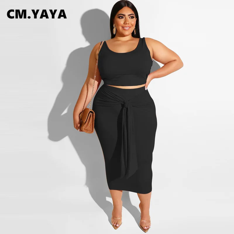 CM.YAYA Women Sets Plus Size Solid Tank Tops Bandage Sheath Elastic Long Skirts Two 2 Piece Set Tracksuit Summer Outfit 2021