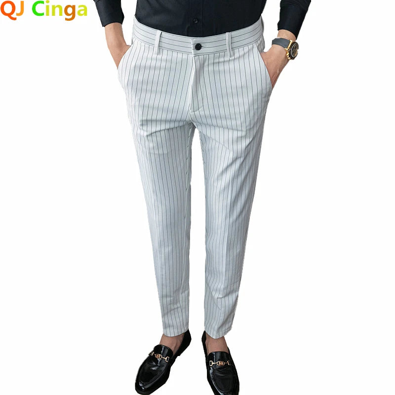 White Vertical Stripes Suit Pants Men Blue Black Trousers Fashion Slim Men's Pant Business Pantalones Hombre Autumn New Slacks