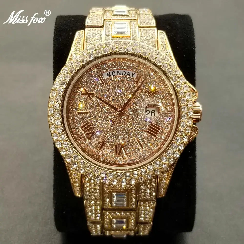 Vollvergoldete Eisuhr für Herren, Luxuriöse goldene Hip-Hop-Diamant-Quarz-Herrenuhren, Wasserdicht, Tagesdatum, Bestsellerprodukt 2023