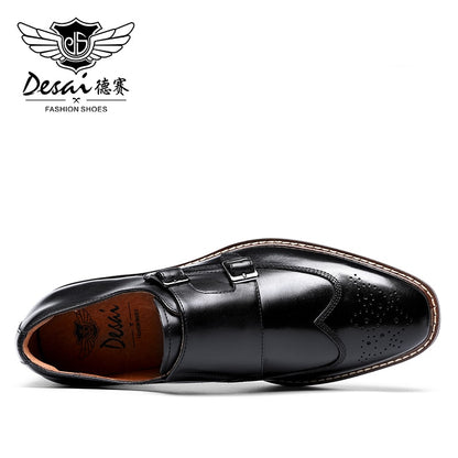 DESAI Monk Strap Slip on Genuine Leather Business Handmade Dress Brogue Shoes for Men with Buckle