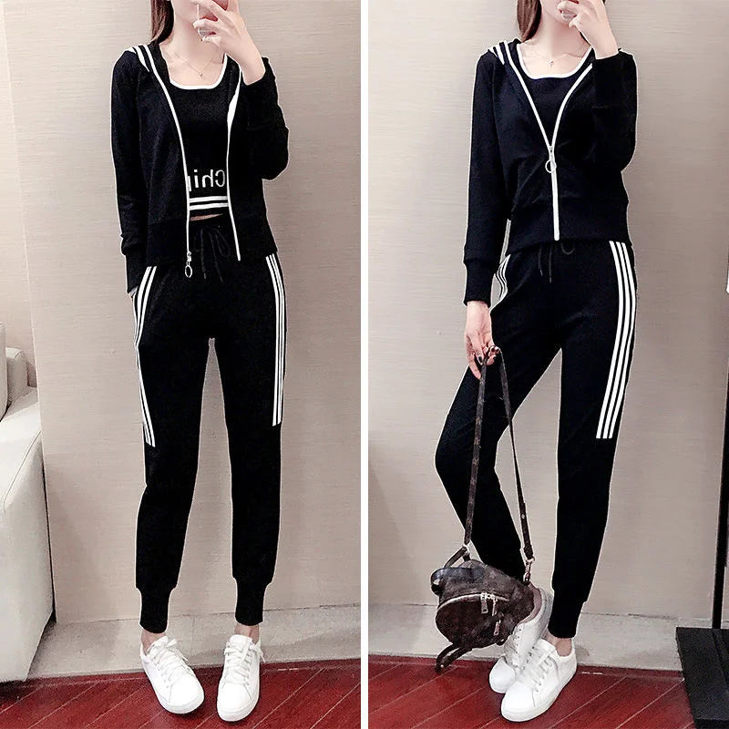 Women's Tracksuit Spring Autumn New Korean Fashion Loose Cropped Hoodie Coat Vest Pants Three Piece Set Jogging Suits For Women