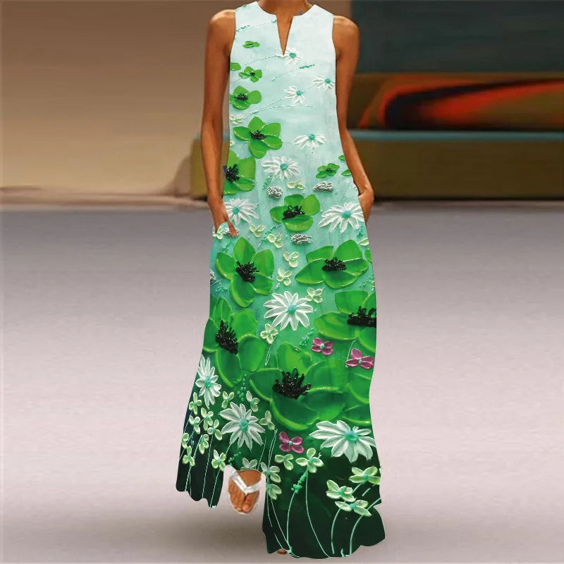Sexy V-neck Sleeveless Dress For Women Summer Fashion Sundress Retro Print Long Dresses With Pocket Maxi Dress Femme Vestidos
