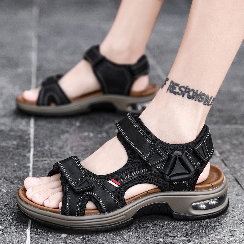 Brand Summer Men&#39;s Sandals Genuine Leather Men Slippers Gladiator Men Beach Sandals Soft Comfortable Outdoors Wading Shoes 38-48