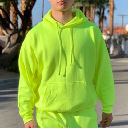 Neon Green Style Men's Fashion Tracksuit Solid 2 Pieces Long Sleeve Hoody+Loose Swearpants Casual Sportsuit Men  Newest OMSJ