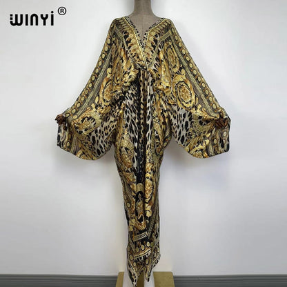 Sexy bech high-quality hand-rolled feel silk rayon fashion print  WINYI Maxi women's robes long beach V-neck Bohemian dress