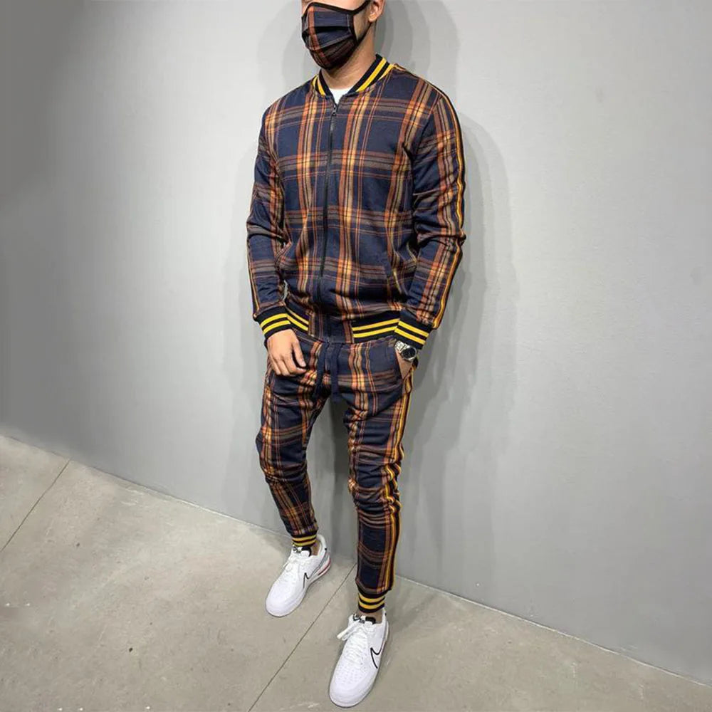 Mens Tracksuits Colorful Plaid Casual Zipper Hoodie Set 3D Print Set New Autumn Male Sweatshirt Clothes For Men