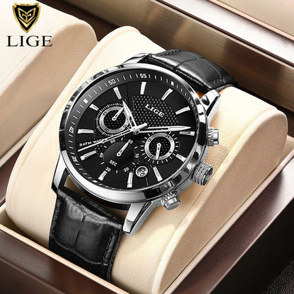 New Mens Watches LIGE Top Brand Luxury Leather Casual Quartz Watch Men's Sport Waterproof Clock Watch Relogio Masculino+Box