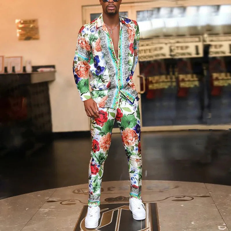 Men's Fashion Men Outfit Set Autumn Clothes Men's Graffiti Print Long Sleeve Men's Shirts  Casual Pants Two-piece Set