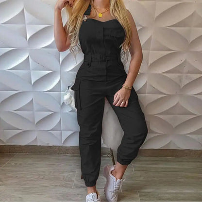 Jumpsuits Women Casual Cargo Playsuit Sleeveless O Neck Jumpsuit With Pocket and Belt Elegant Pencil Pants Loose Overalls