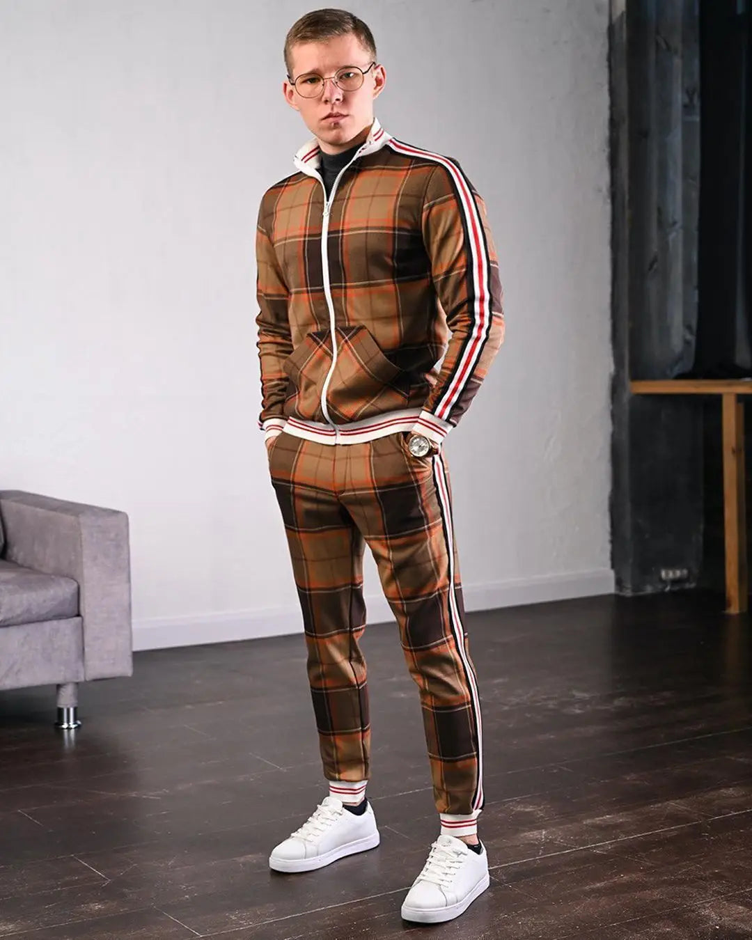 Herren-Trainingsanzüge Bunt Kariert Freizeit-Kapuzenpullover-Set Reißverschluss 3D-Druck Set Neue Herbst Herren-Sweatshirt-Kleidung Für Männer