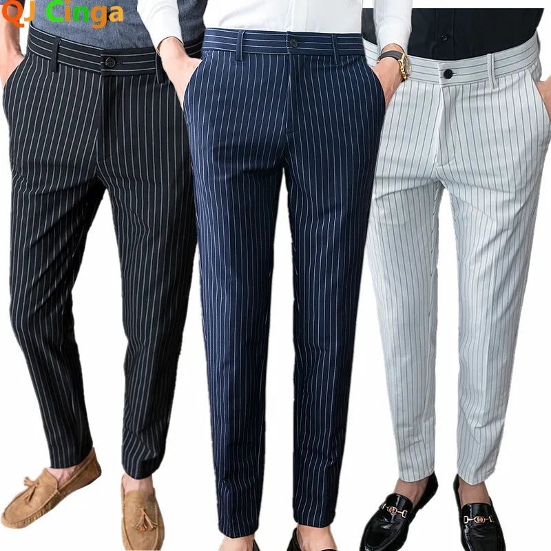 White Vertical Stripes Suit Pants Men Blue Black Trousers Fashion Slim Men's Pant Business Pantalones Hombre Autumn New Slacks