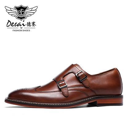 DESAI Monk Strap Slip on Genuine Leather Business Handmade Dress Brogue Shoes for Men with Buckle