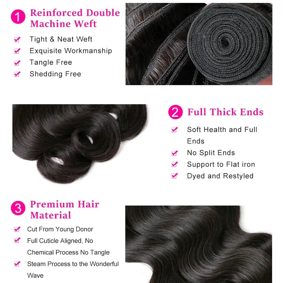 Beaufox Body Wave Bundles mit Verschluss Brasilianisches Echthaar-Gewebe 3/4 Bundles mit Verschluss Natürliches Echthaar Bundles mit Verschluss