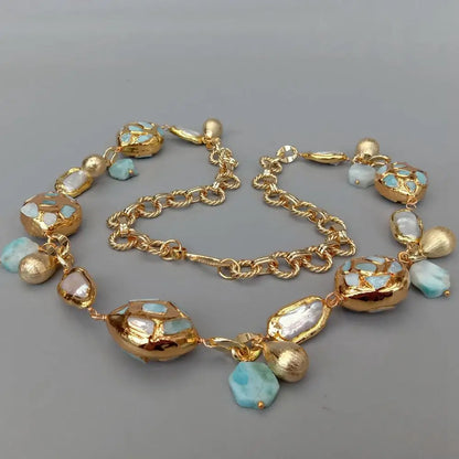 KKGEM natural blue larimar chips beads  natural Cultured White Biwa Pearl pave Gold Plated Chain Long Necklace 30"
