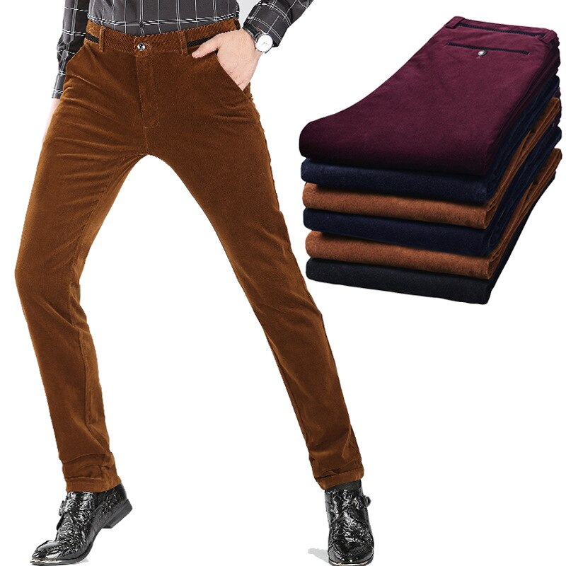 Autumn and Winter Men&#39;s Corduroy Thick Casual Pants Business Fashion Stretch Slim Trousers Male Brand Brown Red Wine Navy Black