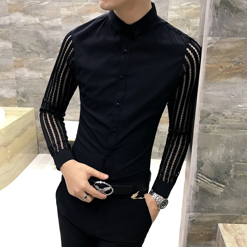 2021 New Mens Black White Lace Hollow Patchwork Shirt Long Sleeve Luxury  Party Promshirt Men's Petticoat Nightclub Dress Tuxedo