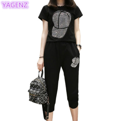 UHYTGF Loose size Two Piece Set Women Tracksuit Set Summer Tops For Womens  Casual Thin Sportswear Diamond Hat Top Pants 119