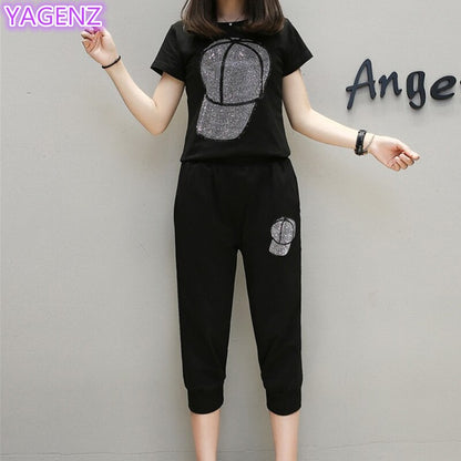 UHYTGF Loose size Two Piece Set Women Tracksuit Set Summer Tops For Womens  Casual Thin Sportswear Diamond Hat Top Pants 119