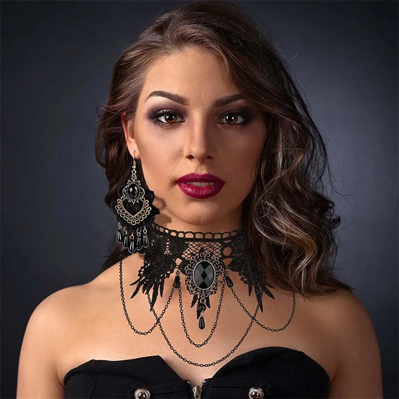 YiYaoFa Handmade Exaggerated Jewelry Set Gothic Jewelry Black Lace Necklace & Earring Women Accessories Party Jewelry FYS-01