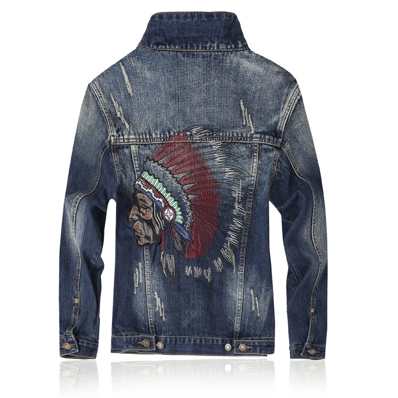 Spring Newest Fashion Men's Sets Vintage Embroidery Punk Style Long Sleeve Campera Hombre Hole Ripped Denim Pants Man Suit