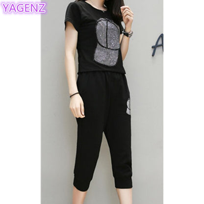 UHYTGF Loose size Two Piece Set Women Tracksuit Set Summer Tops For Womens  Casual Thin Sportswear Diamond Hat Top Pants 119