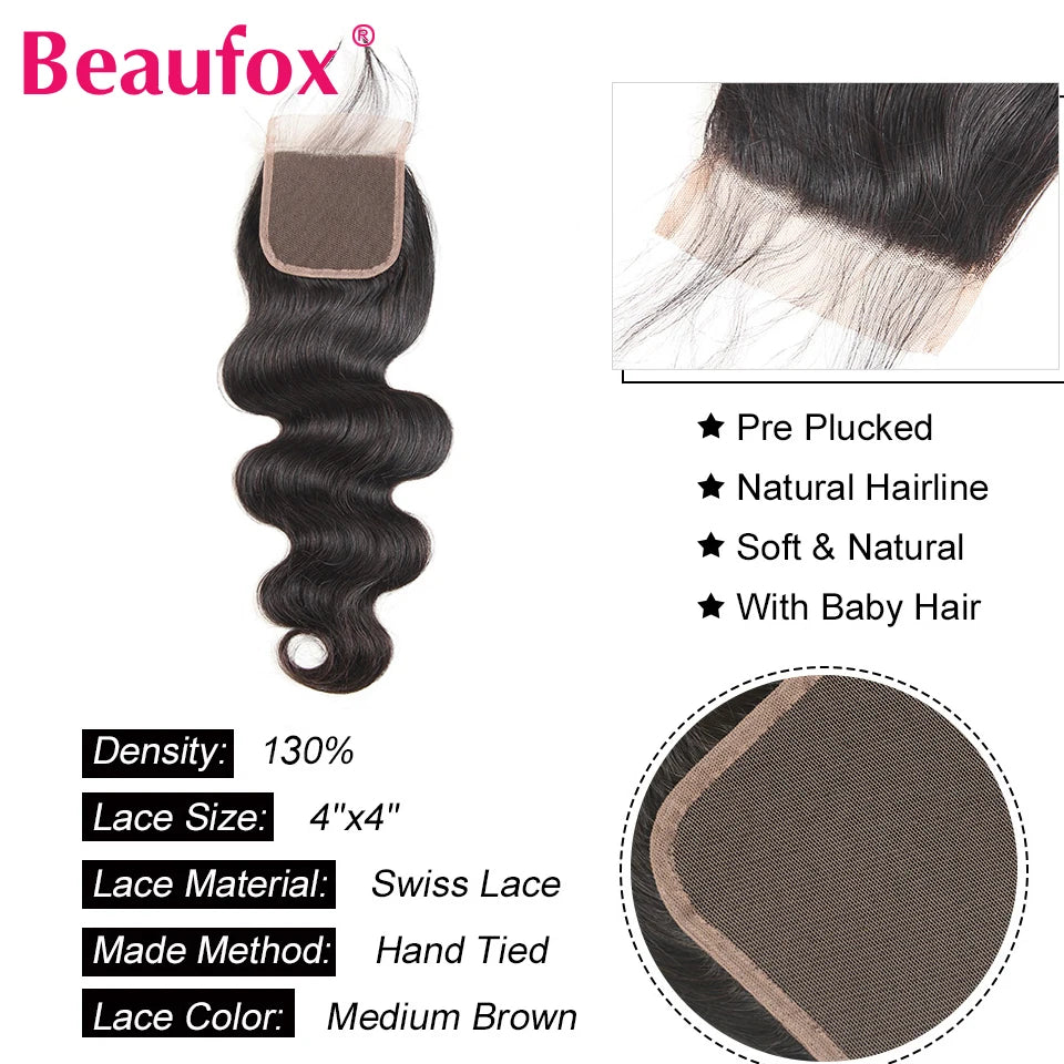 Beaufox Body Wave Bundles mit Verschluss Brasilianisches Echthaar-Gewebe 3/4 Bundles mit Verschluss Natürliches Echthaar Bundles mit Verschluss