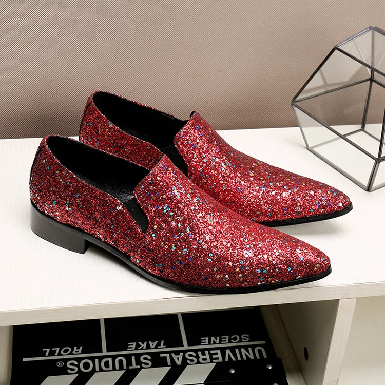 Designer shoes luxury 2022 red glitter mens wedding party dress shoes flat genuine leather velvet smoking slipper mocassin homme