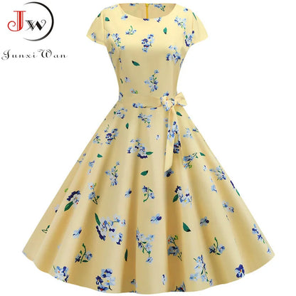 Vintage Dress Women Summer Short Sleeve Elegant Polka Dot Midi Casual Office Party Dress 50s 60s Pin Up Rockabilly Dresses