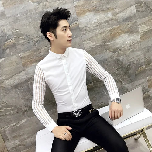 2021 New Mens Black White Lace Hollow Patchwork Shirt Long Sleeve Luxury  Party Promshirt Men's Petticoat Nightclub Dress Tuxedo