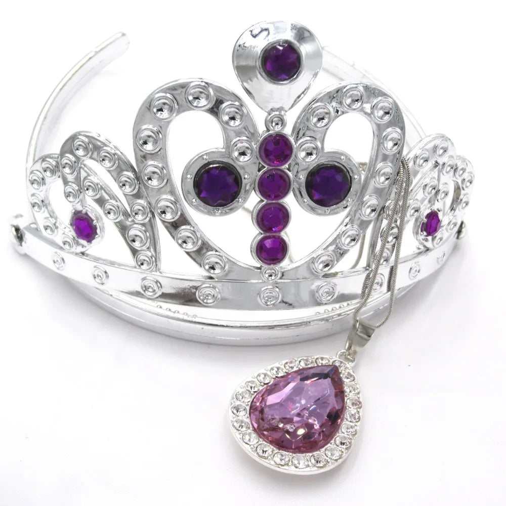 Kids Girls Princess Sofi The First Purple Teardrop Amulet Chain Necklaces Tiara Crown Hair Clip Jewelry Set Gift For Child 1Set