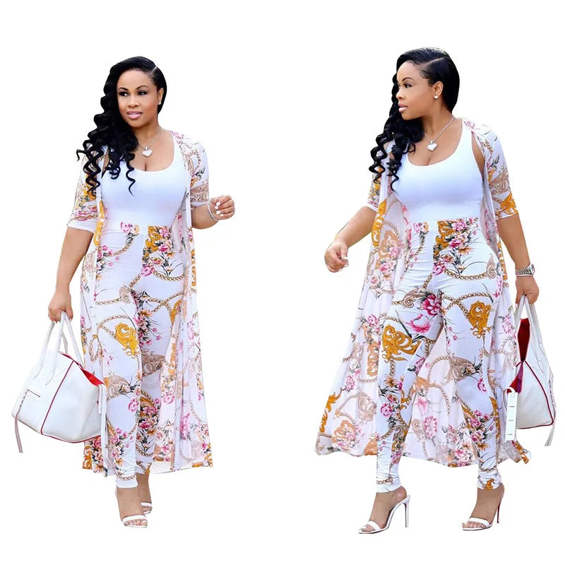 Summer 2 Piece Set Women Cardigan Long Trench Tops And Bodycon Pant Suit Casual Clothes Boho Sexy Two Piece Outfits