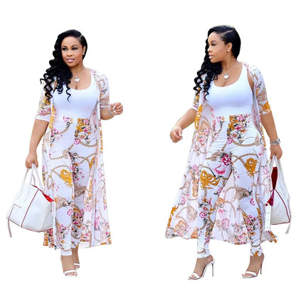 Summer 2 Piece Set Women Cardigan Long Trench Tops And Bodycon Pant Suit Casual Clothes Boho Sexy Two Piece Outfits