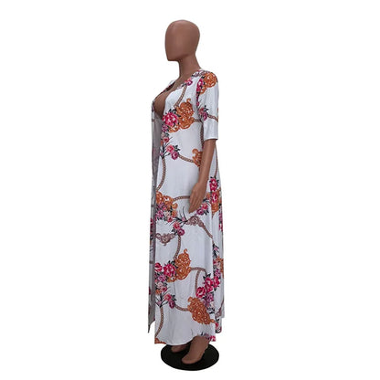 Summer 2 Piece Set Women Cardigan Long Trench Tops And Bodycon Pant Suit Casual Clothes Boho Sexy Two Piece Outfits