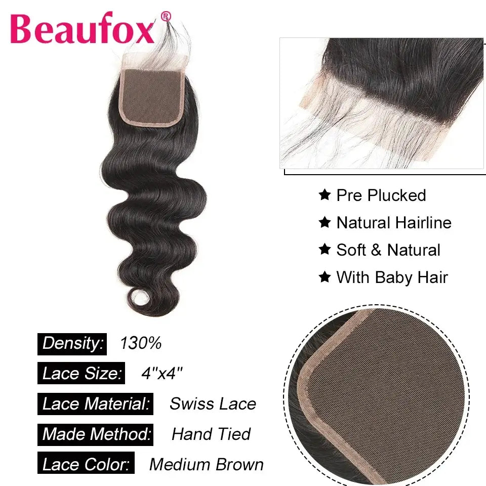 Beaufox Body Wave Bundles mit Verschluss Brasilianisches Echthaar-Gewebe 3/4 Bundles mit Verschluss Natürliches Echthaar Bundles mit Verschluss