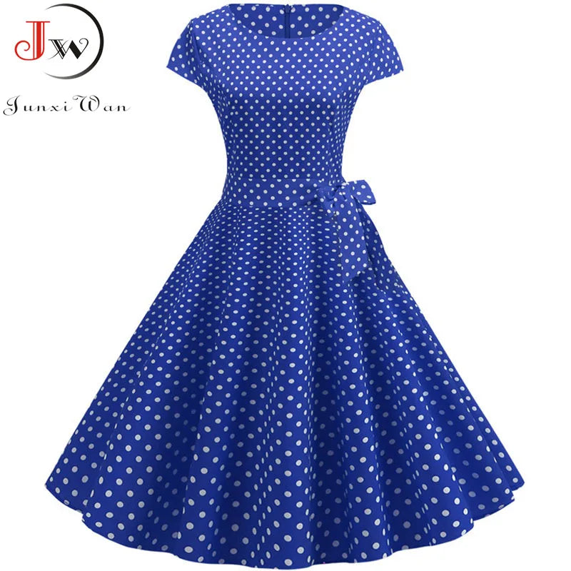 Vintage Dress Women Summer Short Sleeve Elegant Polka Dot Midi Casual Office Party Dress 50s 60s Pin Up Rockabilly Dresses
