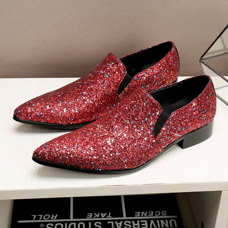 Designer shoes luxury 2022 red glitter mens wedding party dress shoes flat genuine leather velvet smoking slipper mocassin homme