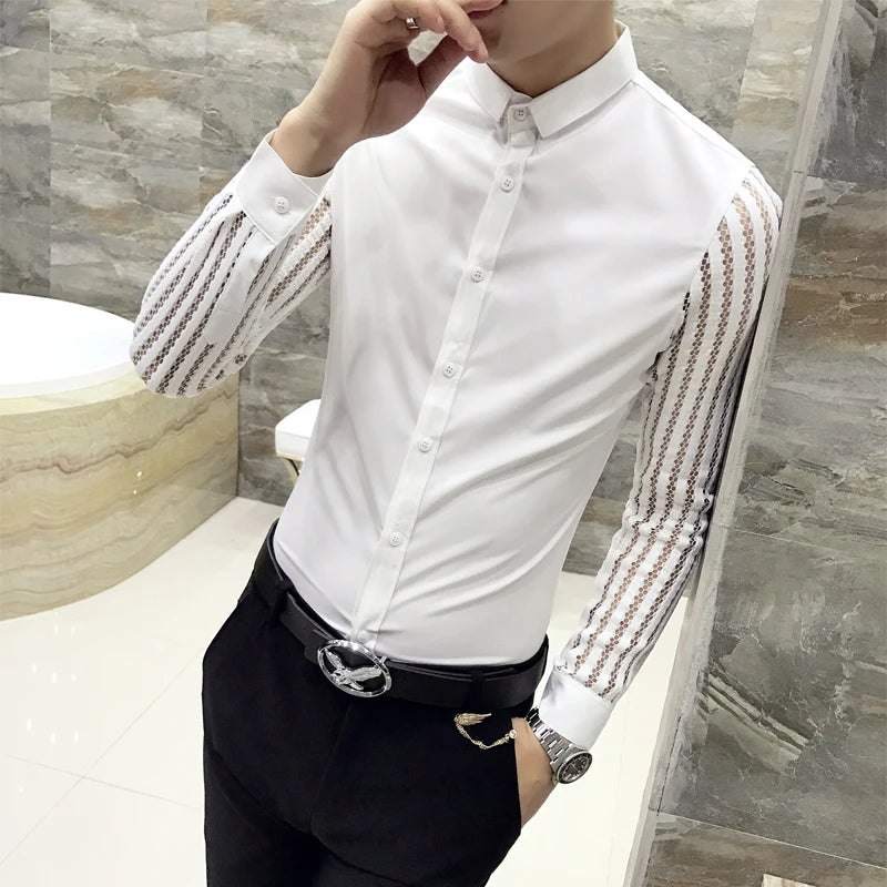 2021 New Mens Black White Lace Hollow Patchwork Shirt Long Sleeve Luxury  Party Promshirt Men's Petticoat Nightclub Dress Tuxedo