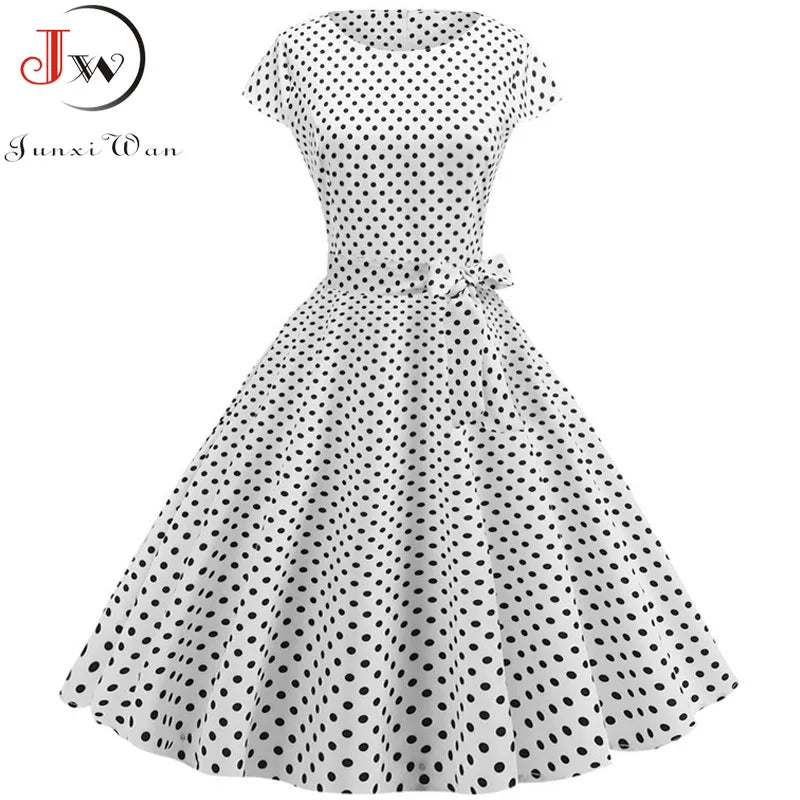 Vintage Dress Women Summer Short Sleeve Elegant Polka Dot Midi Casual Office Party Dress 50s 60s Pin Up Rockabilly Dresses
