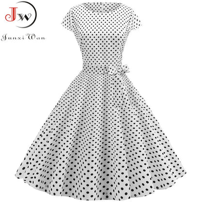 Vintage Dress Women Summer Short Sleeve Elegant Polka Dot Midi Casual Office Party Dress 50s 60s Pin Up Rockabilly Dresses