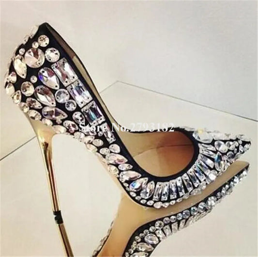 Women Luxurious Pointed Toe Bling Bling Rhinestone Stiletto Heel Pumps Black White Crystal High Heels Wedding Dress Shoes