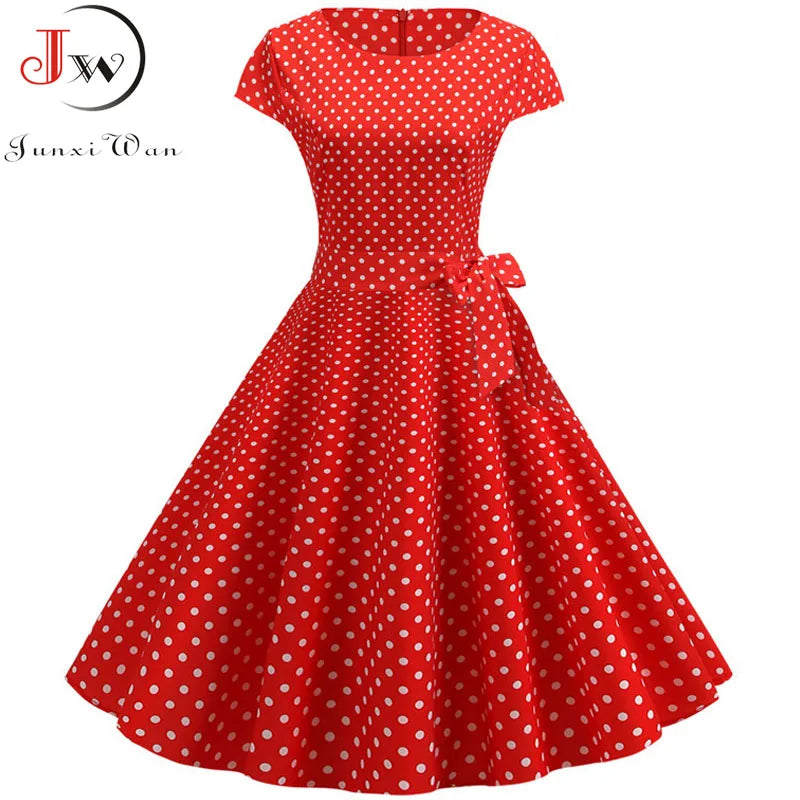 Vintage Dress Women Summer Short Sleeve Elegant Polka Dot Midi Casual Office Party Dress 50s 60s Pin Up Rockabilly Dresses