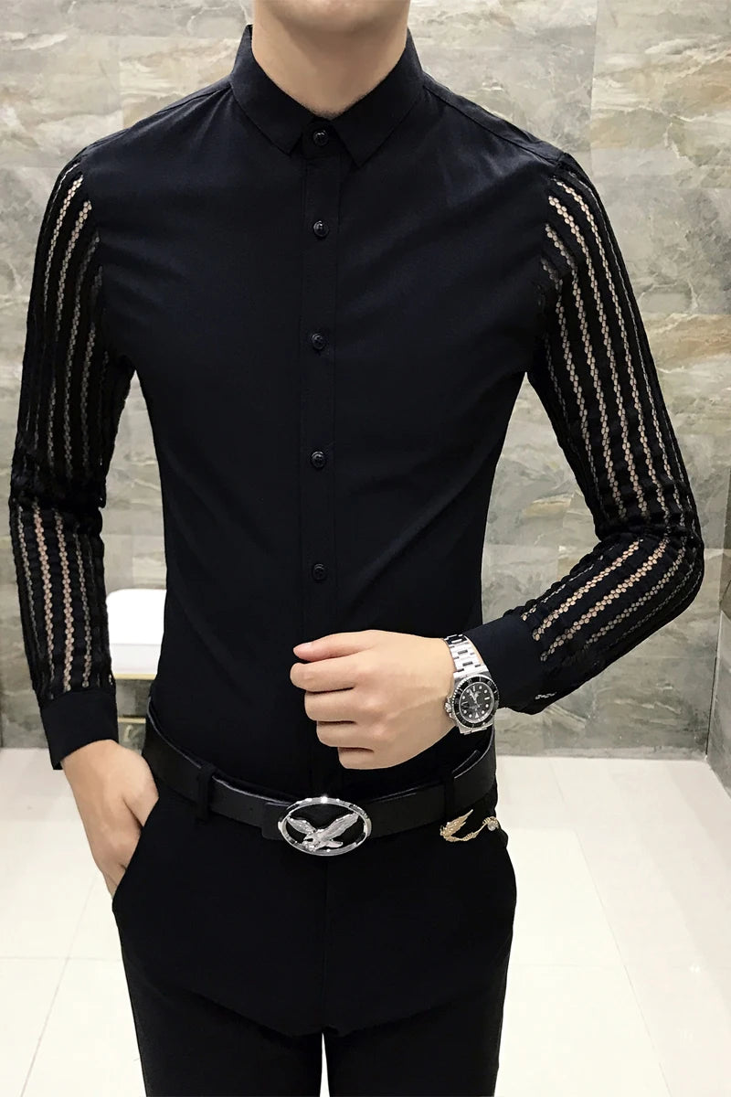 2021 New Mens Black White Lace Hollow Patchwork Shirt Long Sleeve Luxury  Party Promshirt Men's Petticoat Nightclub Dress Tuxedo