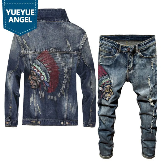 Spring Newest Fashion Men's Sets Vintage Embroidery Punk Style Long Sleeve Campera Hombre Hole Ripped Denim Pants Man Suit