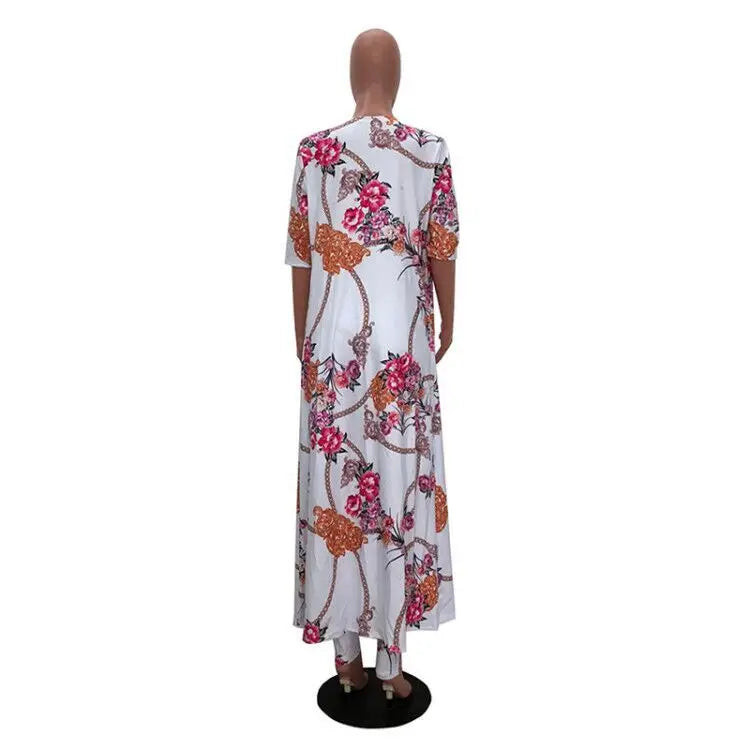 Summer 2 Piece Set Women Cardigan Long Trench Tops And Bodycon Pant Suit Casual Clothes Boho Sexy Two Piece Outfits