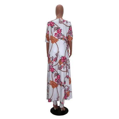 Summer 2 Piece Set Women Cardigan Long Trench Tops And Bodycon Pant Suit Casual Clothes Boho Sexy Two Piece Outfits