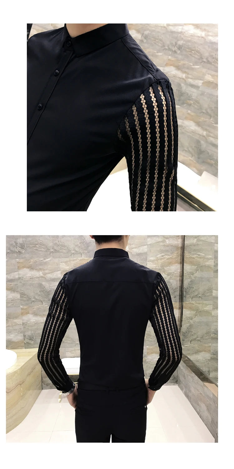 2021 New Mens Black White Lace Hollow Patchwork Shirt Long Sleeve Luxury  Party Promshirt Men's Petticoat Nightclub Dress Tuxedo