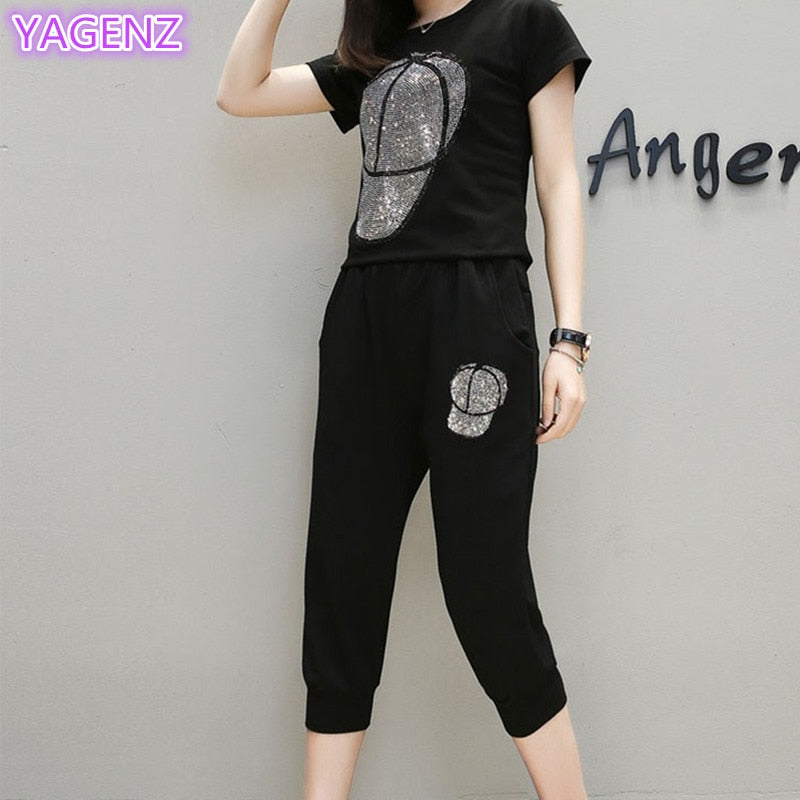 UHYTGF Loose size Two Piece Set Women Tracksuit Set Summer Tops For Womens 2022 Casual Thin Sportswear Diamond Hat Top Pants 119